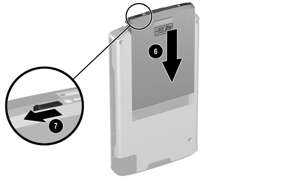 전지관리 4. 전지를 Pocket PC의뒷면덮개에넣고딸깍소리가날때까지전지밑쪽을밀어넣습니다 6. 5. 전지잠금스위치를왼쪽 ( 잠금위치 ) 로밉니다 7. Ä주의 : Pocket PC를작동하려면덮개를제자리에장착하고전지잠금장치를잠궈야합니다.