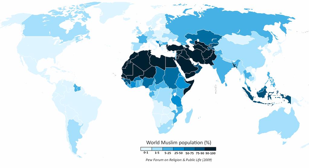 지역 인구 (100 만 ) 무슬림 (100 만 ) 무슬림비율 (%) 아프리카 967 462.4 47.8 아시아 4050.6 1103.8 27.2 유럽 735.
