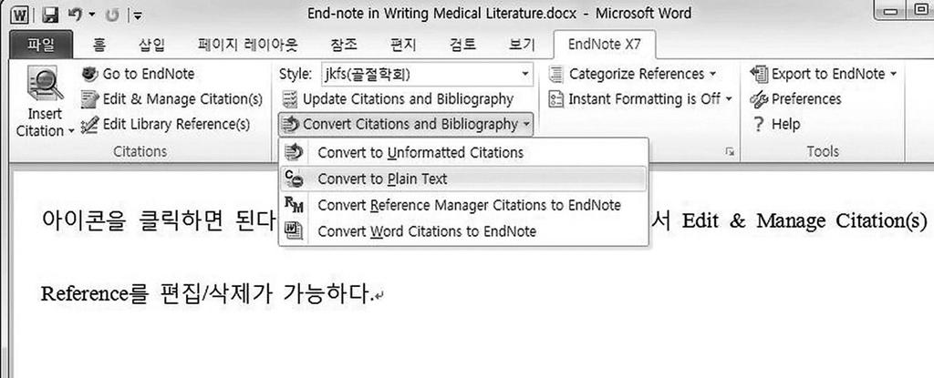 EndNote X7 for Medical Writing 243 Fig. 10. Before finalizing submission, conversion to plain text is a mandatory step.