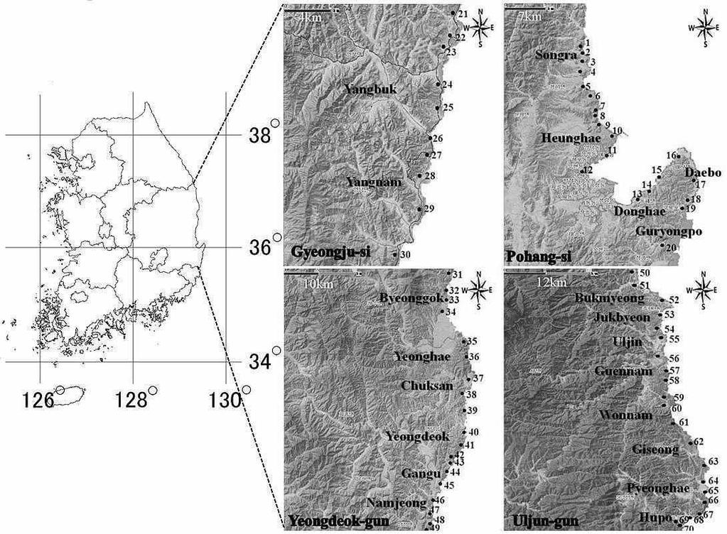 Cheon et al. : Community Structure of Pinus thunbergii Stand in the Eastern Coast of Gyeongsangbuk-do 59 Fig. 1. Study sites of Pinus thunbergii stand in the eastern coast of Gyeongsangbuk-do.