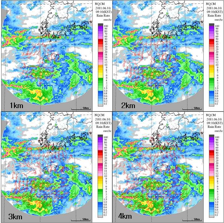 바람자료이용기상레이더는반사도 에기인한강우강도 를추정할수있는정보외에도바람장도입체적정보를제공한다 그림 는 년 월 일아침제주도부근에장마전선이위치할때의강수에코분포이고그림 은비슷한시간대의지상일기도이다 각영상은고도 부터