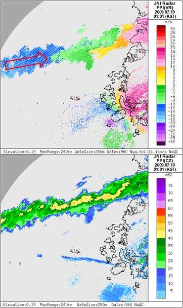 는진도레이더의 월 일 시시선속도와반사도자료이다 오성산레이더의시선속도영상과비슷한모양을나타내고있다 진도레이더의시선속도에서도고도 에하층제트가형성되어있으며