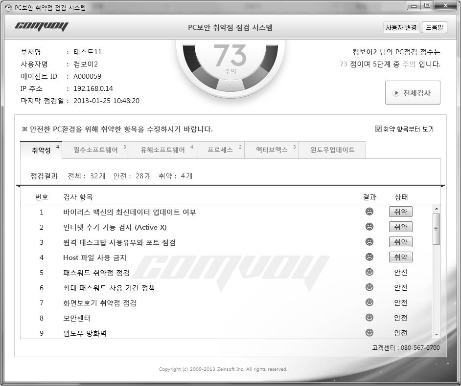 V. 화면및세부기능소개 1. Agent 화면및주요기능 지수화를통한관리제계 PC 에설치되어보호조치를유도하는 Agent 로개인정보검색결과및 진단결과를점수로표시하고, 명령을수행합니다.