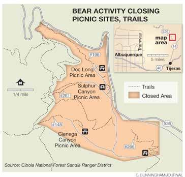 Forest Service) 은샌디아산동쪽에서곰의활동이늘어나샌디아산피크닉지역일부를폐쇄했다. 10 월까지폐쇄된지역은샌디아동쪽 Sandia Crest Road 의남쪽끝에위치한인기있는 Sulphur Canyon, Cienega Canyon 및 Doc Long 피크닉지역을포함하는지역이다.