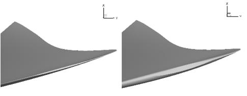 Fig. 1은수치해석에사용된 2종의프로펠러형상을보이며 Fig. 1(a) 는두추진기가다른부분을나타내고, Fig. 1(b) 는다른부분을날개끝위쪽에서바라본형상이다. KP933 과 KP934 프로펠러의형상은반경별날개두께분포를제외하고다른기학적형상을동일하다. KP933의날개두께분포는날개뿌리 (blade root) 부터 1.