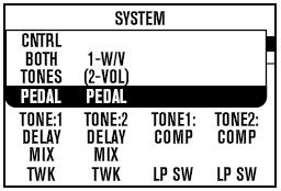 시스템 (System) Outputs / Hold for System 버튼을 2초가량누르면시스템페이지로이동합니다. SYSTEM Page 1 : 페달과그밖의세팅 POD X3 Live 의페달과 FBV 풋컨트롤러관련설정을합니다. Pedal Tone 1, Tone 2 또는둘다에적용할지설정합니다.