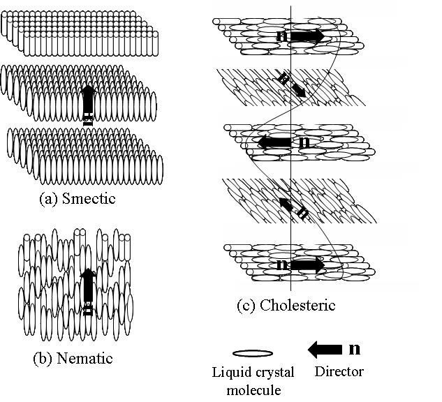 액정 (LC, Liquid Crystal) 의정의및일반적특징 액정상에서의분자배열구조 액정물질의대부분은유기화합물이며분자형상은가늘고긴막대모양이나편평한모양을하고있다.