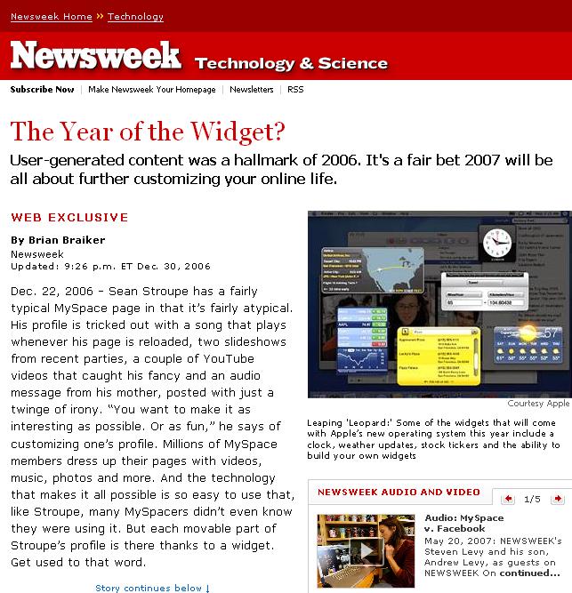 1.1. 위젯의정의와기웎 새로운거짓말 2006. 12. 30 Newsweek...If 2006 was all about social networks, usergenerated content and YouTube, then it s a fair bet that 2007 will be about further personalizing life online.