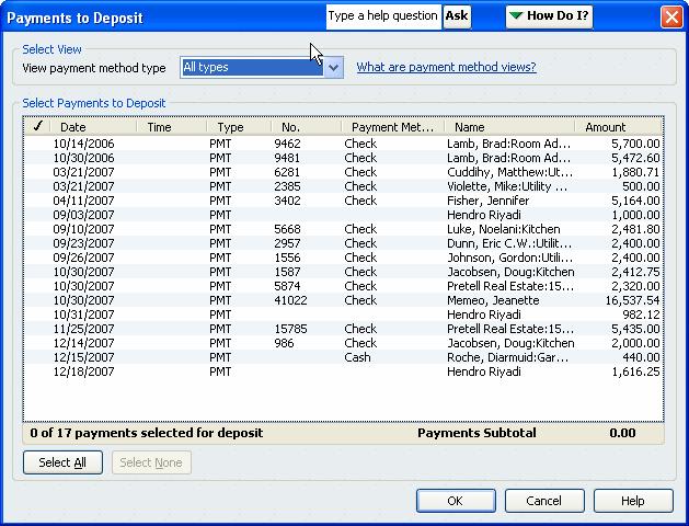 Deposit: Home -> Record Deposits # Payment Type을선택한다. 보통 Cash and Check. -> Deposit할 Item들을선택을한다.
