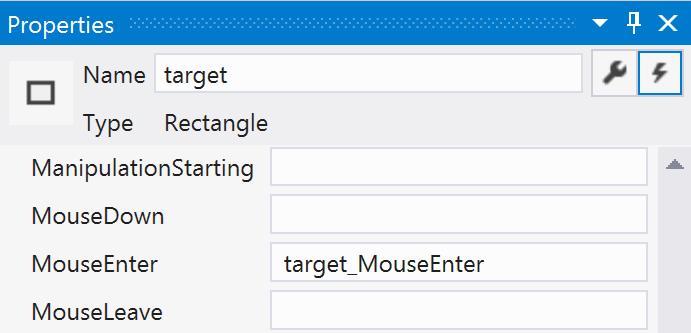 문서개요창에서이름이 target 으로된 Rectangle 을선택합니다. 속성창의 선택한요 소의이벤트처리기 (event handlers view) 에서 MouseEnter 이벤트핸들러를추가합니 다. 여기에메서드코드가있습니다. 속성창에서이벤트핸들러가보인다면, 빈이벤트핸들러상자에더블 - 클릭하세요. IDE 는메서드스텁을생성해줍니다.