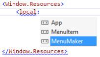 슬라피조의프로그램으로돌아가서 Menu- Maker 를정적리소스로바꿔봅시다. 3 XAML 에정적리소스를추가하고데이터컨텍스트를설정하세요. <Window.Resources> 태그를 XAML 위쪽에추가합니다. 그러면 </Window.Resources> 닫는태그가추가되죠. 그사이 에 <local: 을입력하면인텔리센스창이뜹니다.