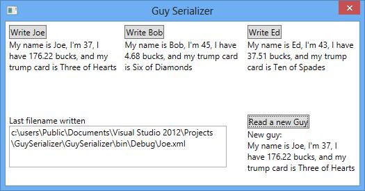 사람이여기저기에있네요 Guy 객체를파일로보내주세요 데이터컨트랙트직렬화실습프로젝트를해봅시다. 새 WPF 응용프로그램을생성하고, 책 595 쪽 과같이데이터컨트랙트가있는두클래스를추가합니다 ( 두클래스모두 using System.Runtime. Serialization 이필요합니다 ). Card 클래스를위한 Suites 와 Values 열거형을추가해주세요.