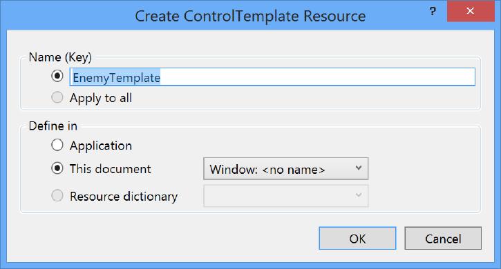 다음, 문서개요 (Document Outline) 창에서 [StackPanel] 을펼친후, [ContentControl] 에서마우스오른쪽클릭합니다. 그리고템플릿편집 (Edit Template) > 빈항목만들기 (Create Empty ) 메뉴를 선택합니다. EnemyTemplate 으로이름을입력하고확인을누르면, XAML 창에템플릿이추가됩니다.