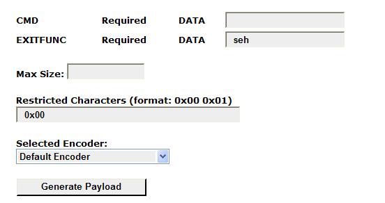 여기서 CMD를 c:\windows\notepad.exe로, Restricted Characters를 0x00 0x0a 0x0d 0x20으로설정하고 Generate Payload를선택하면다음과같은결과를볼수있습니다.