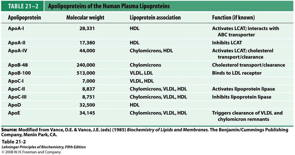 TABLE 21-2 Apolipoproteins of