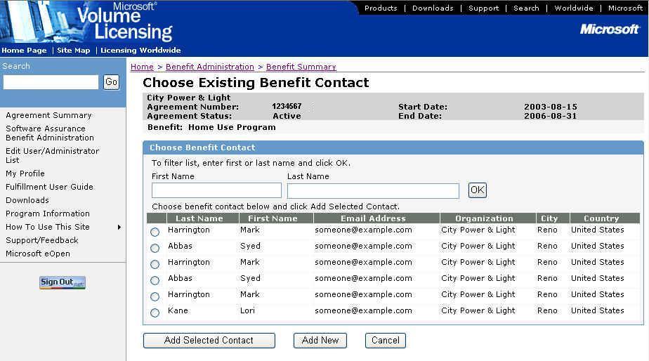 3. Choose Existing Benefit Contact 창에혜택담당자로지정하려는사용자가 표시되면그이름옆에있는라디오단추를선택하고 Add Selected Contact 를 클릭합니다. (5 단계로이동합니다.) 4. Choose Existing Benefit Contact 창에혜택담당자로지정하려는사용자가 표시되지않으면 Add New 를클릭합니다. 5.
