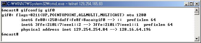 IPv6 포럼코리아기술문서 2002-001 지금까지의 gif 인터페이스에대한설정정보를 Kernel 에반영하기위해서는재부팅해야 한다. 재부팅후에 gif 인터페이스 (gif0) 의설정정보는그림 23 과같이 gifconfig 명령을 통해볼수있다. 그림 23.