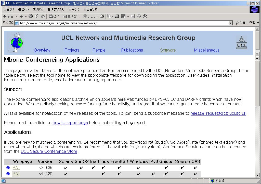 IPv6 포럼코리아기술문서 2002-001 2.3 화상회의도구설치 IPv6 화상회의도구로는 UCL의 Mbone Conferencing Applications (SDR, VIC, RAT 그리고 NTE) 와최근에 ETRI와서울대가공동으로개발한고품질오디오회의도구인 HAT 등이있다. 표 5는화상회의도구에대해기술하고있다.