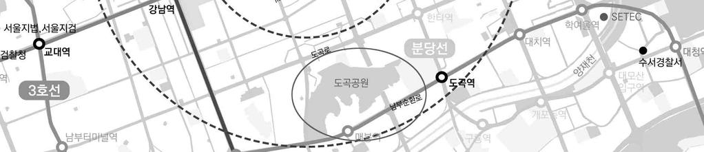 사업지구주변의광역적녹지분포현황을살펴보면, 북동측으로선정릉이있으며, 남측으로는도곡공원이위치하고있고,