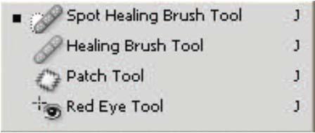 4) 이미지합성복제툴 : Healing Brush / Patch Tool 이미지의일부를복원, 또는수정할때사용하는도구로서, 도장툴과유사한기능단, 도장툴은똑같이복제되지만, 이툴들은적용시원래있는그림과자연스럽게합성되어복제되는특징 스팟힐링브러시툴 (Spot Healing Brush Tool) 얼굴의주름이나작은점등을제거할때사용한다.