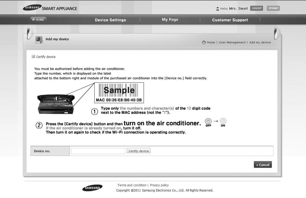 5 7 ROMÂNĂ 5) După ce introduceţi adresa MAC înscrisă pe eticheta autocolantă din partea inferioară a aparatului de aer condiţionat, faceţi clic pe