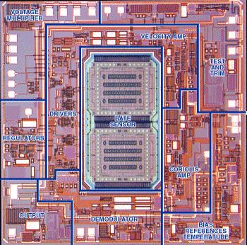 Photograph of ADXRS gyro die, sensing in order to reject highlighting the integration of the