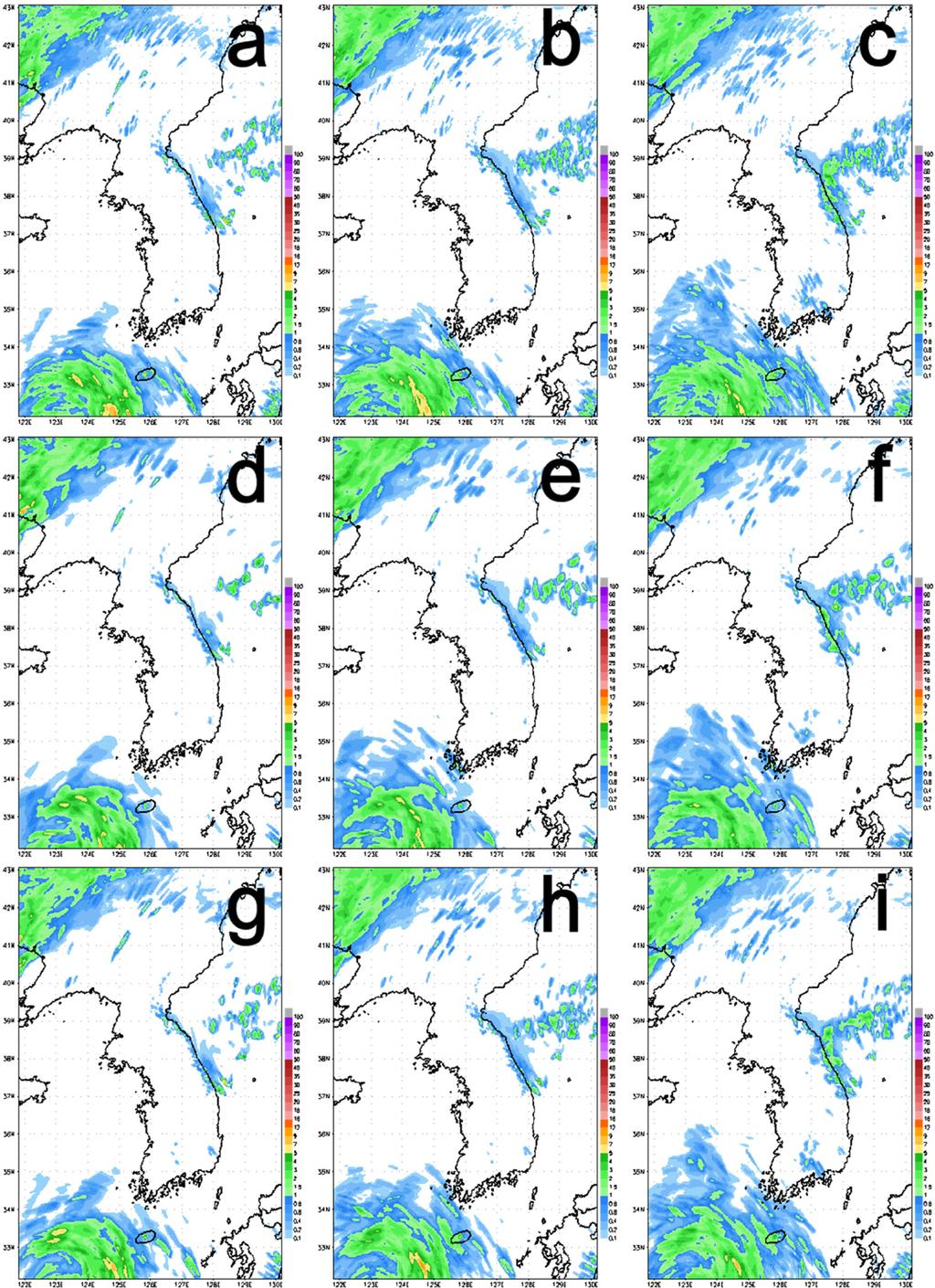 76 기상청 고해상도 국지 앙상블 예측 시스템 구축 및 성능 검증 Fig. 9. Ensemble mean of 1 hr accumulated precipitation forecasts for each member and resolution at 0000 UTC Aug. 01 (top row: 1.