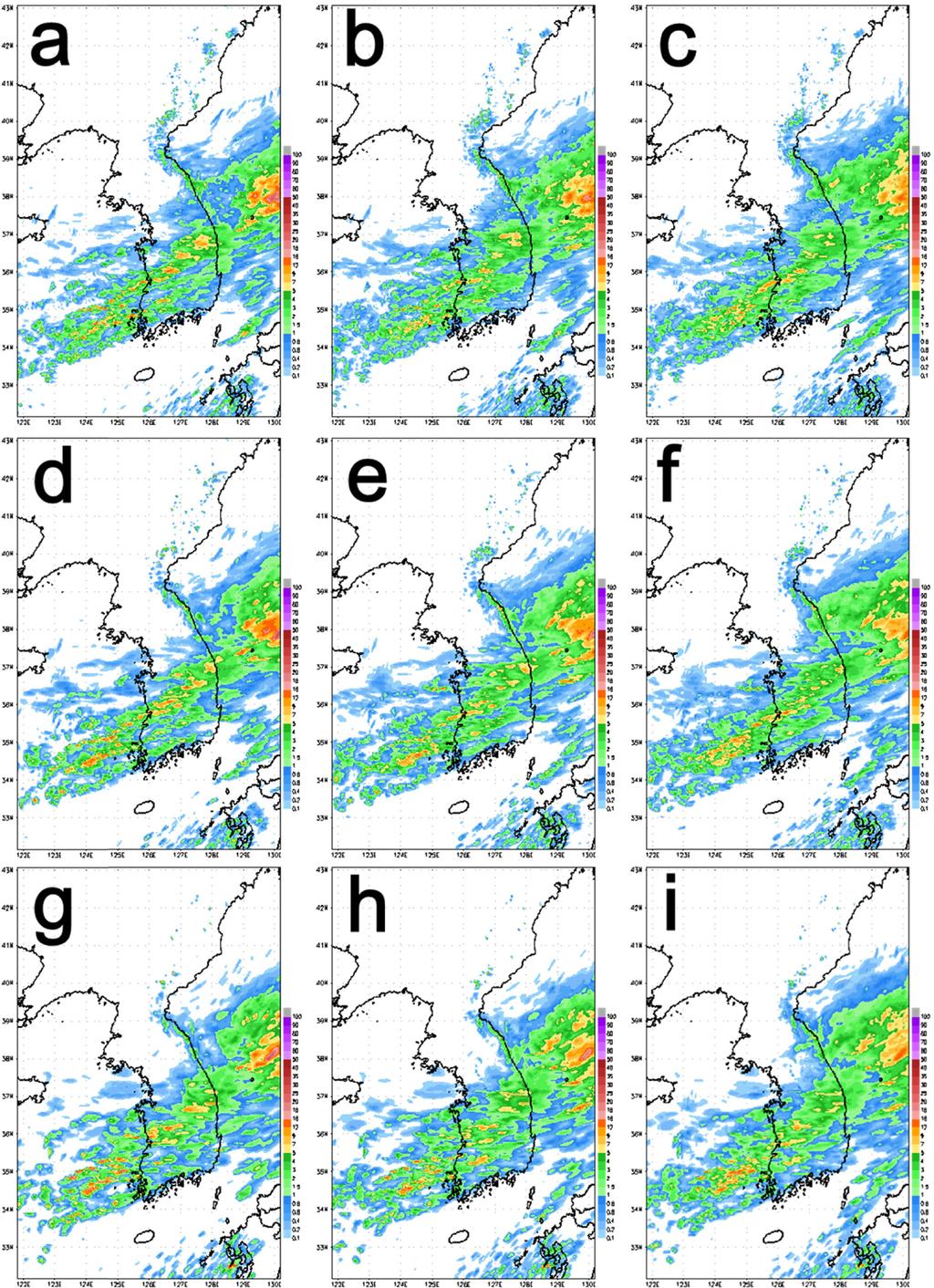 78 기상청 고해상도 국지 앙상블 예측 시스템 구축 및 성능 검증 Fig. 1. Ensemble mean of 1 hr accumulated precipitation forecasts for each member and resolution at 0000 UTC 13 Aug. 01 (top row: 1.