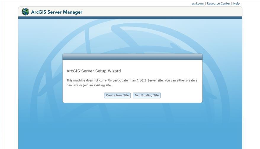 ArcGIS Server Site 구성 14. ArcGIS for Server 설치가완료되면자동으로 ArcGIS Server Setup Wizard 가실행되어 ArcGIS Server Manager 초기설정이진행됩니다. 화면의메뉴중 Create New Site 를눌 러 ArcGIS Server 사이트구성을진행합니다. 15.