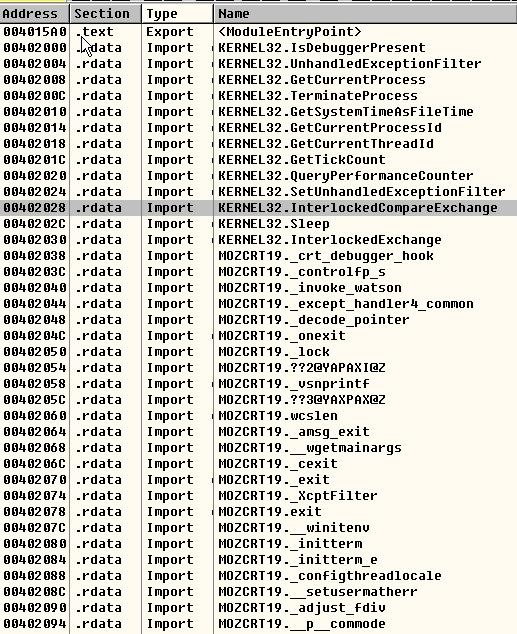 Names 윈도우가나타나면 Type 항목으로정렬하여 Import Type 의 DLL 항목수를확인한다 (firefox2 7 개 KERNEL32, MOZCRT19, USER32, nspr4, plc4, xpcom, xul) Names 창에서는어떤 DLL 에서어떤 API 를호출하는지확인할수있다.
