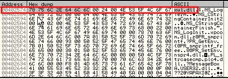 덤프값을확인하면 00002574 이다. 이값에 ImageBase 400000 을더하면 402574 값이나온다덤프창에서 GTRL+G 402574 주소로이동하여 ASCII 값을확인하면 xul.dll 을확인할수있다. 이와같은방식으로 DLL 내역을확인할수있다.