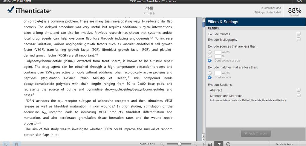 유사도검사결과확인 Filters & Settings * 제외를원할경우, 체크박스표시및설정사항입력 Exclude quotes : 인용정보제외 Exclude bibliography : 참고문헌제외 Exclude Phrase : 특정문구제외 Exclude Small Matches : 사소한일치제외 (ex.