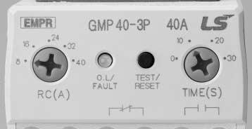 Metasol EMPR (GMP Series) 조작및설정방법 ( 반한시특성 ) 1. 정격전압을확인하고조작전원을인가합니다. (A1-A2단자) AC110V 용모델에 220V를인가하면과전압으로 EMPR 고장의원인이됩니다. RC (A) 노브 O.L LED (2CT) O.L/Fault LED (3CT) Test/Reset 버튼 Time 노브 2.