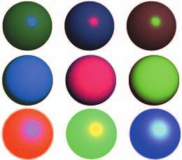 3) 주변광은빨간색을반사하고, 파란색의자체발광이있으며, 반사광은녹색만을반사한다. 그림 9. 다양한재질설정 좌우방향키를조정하면, 자체발광정도를조정할수있고, 상하방향키를조정하면반사도를조정할수있다. 이값을조정하면자체발광색상과반사광색상이섞이면서어떤색으로보이는지확인해보도록한다.