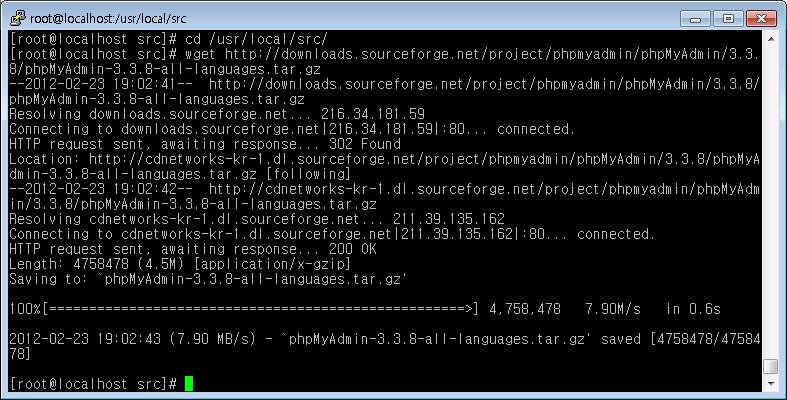 다. /usr/local/src 에서 wget으로 phpmyadmin 설치파일을다운받습니다. cd /usr/local/src wget http://downloads.sourceforge.net/project/phpmyadmin/phpmyadmin/3.3.8/phpmyadmin- 3.3.8-all-languages.tar.
