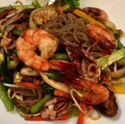 Stir fried prawns and squid with vegetables in spicy 159:- gochujang sauce (STARK!