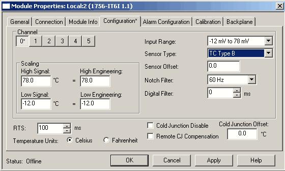 ControlLogix 아날로그 I/O 모듈설정 10 장 열전대모듈설정 1756-IT6I 및 1756-IT6I2 모듈에는추가설정가능지점, 온도단위및냉접점옵션이있습니다. 이모듈의모든설정화면은 Configuration( 설정 ) 탭을제외하고 173 페이지에 서시작되는입력모듈시리즈와일치합니다.