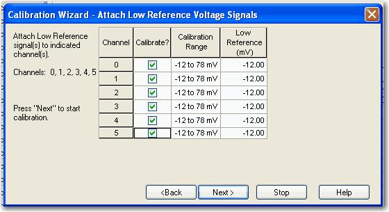 Low Reference Voltage Signals(Low 기준전압신호 ) 마법사가나타나 Low 기준및캘리브레이션범위에대해어떤채널이캘리브레이션되는지 보여줍니다. 또한입력에서어떤기준신호가예상되는지도보여줍니다. 9.