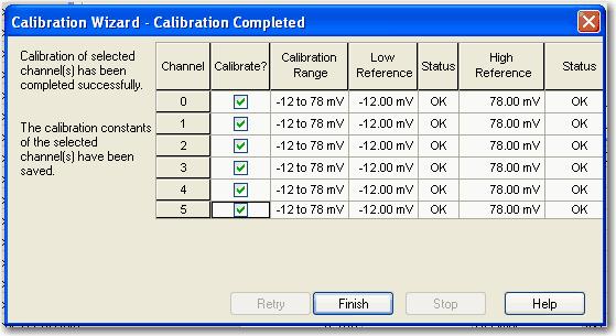 11 장 ControlLogix 아날로그 I/O 모듈캘리브레이션 12. Next( 다음 ) 를클릭하십시오. High 기준에대해캘리브레이션한후 Results( 결과 ) 마법사에각채널의상태가표시됩니다.