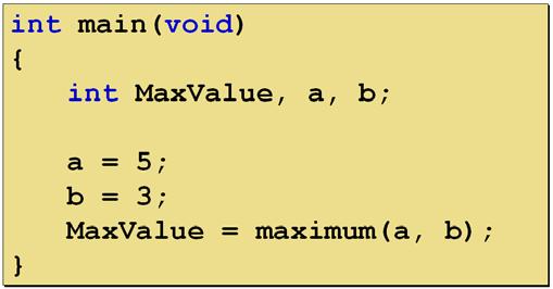 4 함수선언및호출예 다음예는두수중큰수를반환하는사용자함수로써함수의반환형은반환값인변수 z 의데이터형인 int와동일하게사용하였음에주목하자.