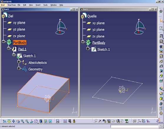 CATIA V5 의 LINK 구조 : Assembly 의경우 CATIA V5 의 Reference Link 는 3D 형상의특정 element 를 Copy and Paste with Link 를통해다른