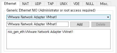 GNS3 의가상화환경과 VMware(Virtual BOX) 환경연동 - 환경설정및 Cloud(host 의 NIC) 를이용하여연결 - 연결에사용되는 VMnet, Virtual adapter, cloud 는