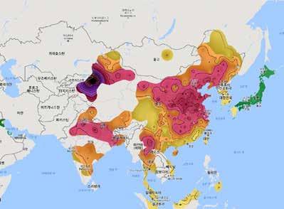 중국의환경문제, 특히대기오염의정도가심각한수준에이르렀음을시사한다. [ 그림 3-12] 는 PM2.5 의출처가어디인가를표시한것으로 [ 그림 3-1] 에서제시된석탄발전소의위치와도시화가진행된지 1 역이 PM2.5 의출처와겹치고있음을보여준다. PM2.5 Concentration(μg/m3) 4 35 3 25 8 6 4 이러한상황에서중국정부는 중국의미래에너지전략 이더이상석탄에의존하지않고대신 국내의다양한에너지원의개발과환경보호에초점을맞춘 보다지속가능한에너지공급에초점을맞출것이라고발표했다 (IEA 211).