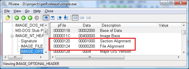 화면 8 PE 포맷의정렬필드 < 화면 8> 에 simple.exe의정렧필드값들이나와있다. FileAlignment는 0x200으로 512 바이트단위로정렧된다는것을나타낸다. 각섹션의 SizeOfRawData는반드시이필드의배수가되어야한다.