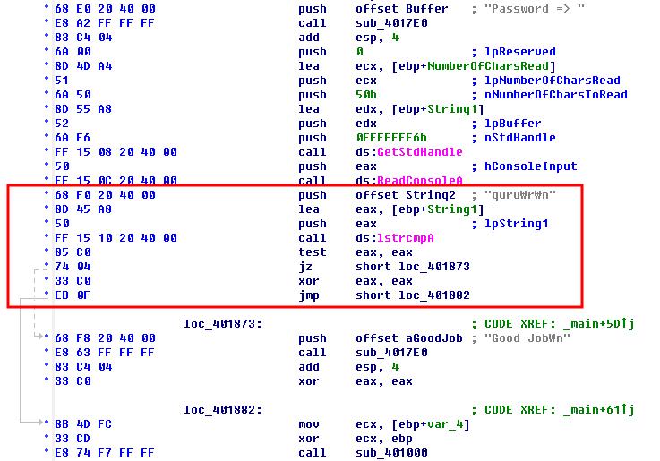 이제는조금더재미있는일을해보도록하자. 헥사에디터가아닌디스어셈블러로 simple.exe를열어보자. 디스어셈블작업이완료되면 < 화면 2> 와같은부분이표시된다. 여기서가장중요한부분은네모로표시된부분이다. 입력받은패스워드가 guru 와같은지검사하는부분이다. lstrcmpa를호출한다음을보면 jz short loc_401873 이란부분이보인다.