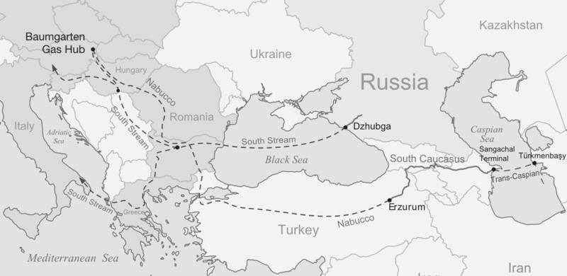 탈냉전기흑해지역전략환경의변화와미국, EU, 러시아의대응 진중인 LNG 를통한수출프로젝트도 Nabucco 파이프라인프로젝트에부 정적으로작용하고있다. 그림 3. Nabucco 파이프라인과 South Stream 파이프라인 자료 : http://en.wikipedia.org/wiki/file:nabuccostream.