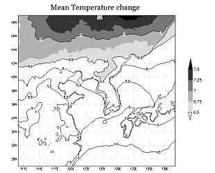 June 7-8, 2011 the daily mean temperature is larger than 5 C at most regions. Note that the shaded region represents temperature changes larger than 6.5 C. However, we may expect similar warming in the daily minimum and maximum temperatures (Fig.