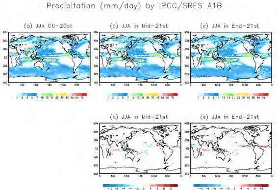 June 7-8, 2011 Fig. 11. Summer precipitation of (a) 20th century, (b) middle of 21st century, and (c) end of 21st century, respectively, together with the differences from 20th in (d) and (e).