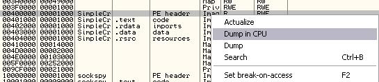 Memory 윈도우를띄우고 (Alt+M) > PE header 에서마우스우클릭 >