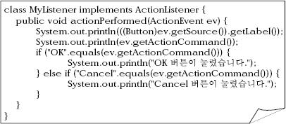 ActionEvent 와 ActionListener ActionListener 의주요메소드 void actionperformed(actionevent ev) 이벤트가발생하는예 버튼을클릭하는경우 메뉴항목을클릭하는경우